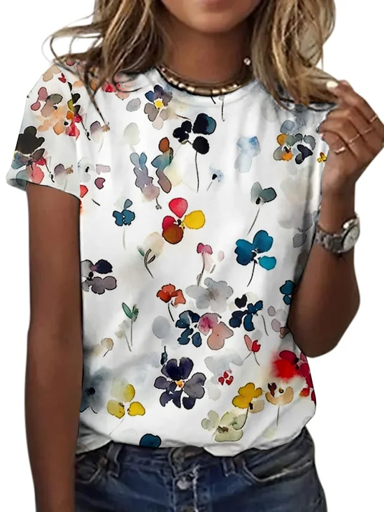 T-shirts Décontracté Floral Été Micro-élasticité Quotidien Coupe Régulière Col Rond Régulier Trapèze pour Femmes