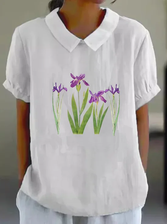Blouses Simple Floral Été Polyester Aucune élasticité Ample Demi Manche Col Châle Régulier pour Femmes