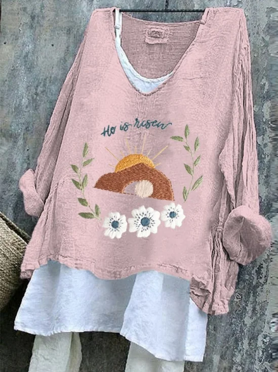 T-shirts Femmes Rétro Printemps / Automne PÂQUES (Œuf) Polyester Col V Micro-élasticité Quotidien Manches Longues Régulier