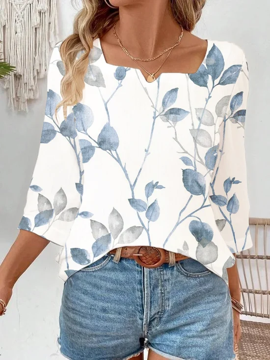 Blouses Femmes Décontracté Floral Printemps / Automne Quotidien Ample Manches trois quarts Entaillé Droit Régulier