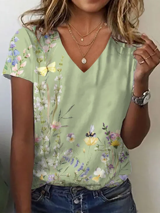 T-shirts Décontracté Floral Été Aucune élasticité Ample Manches Courtes Régulier Droit Régulier pour Femmes