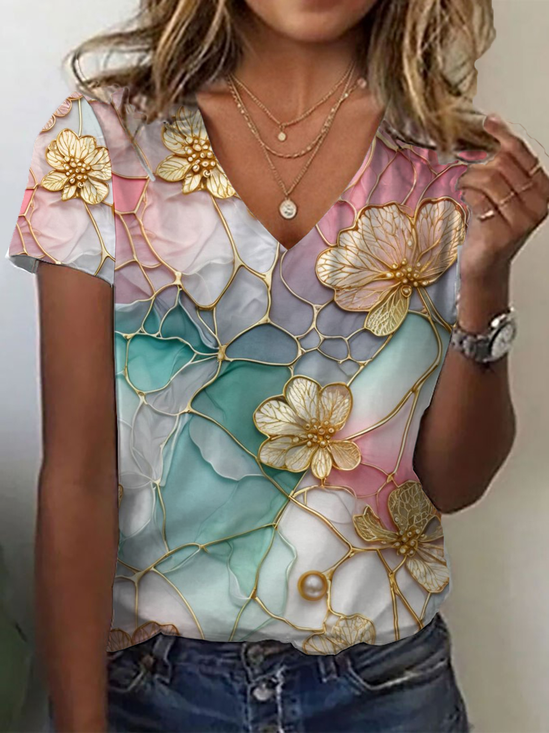 T-shirts Décontracté Floral Été Quotidien Ample Jersey Manches Courtes Droit Régulier pour Femmes