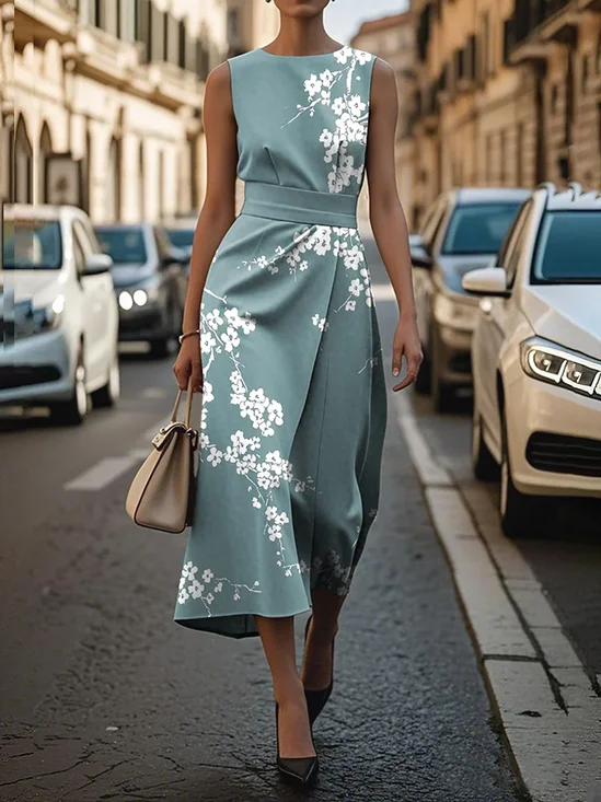 Femmes Floral Vert Col Rond Confortable Imprimé Robe Maxi Rétro