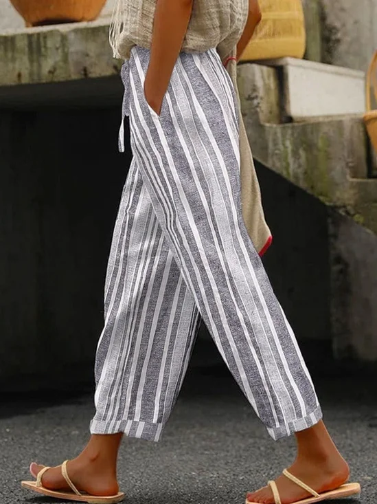 Pantalons Femmes Rayé Décontracté Printemps / Automne Coton Naturel Micro-élasticité Quotidien Coupe Régulière Régulier