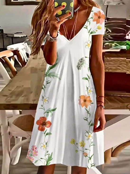 Femmes Floral Blanc Col V Confortable Robe Mi-Longue Décontracté