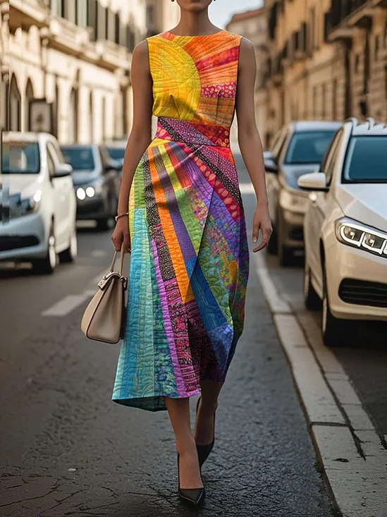 Femmes de Hippie Comme Image Col Rond Confortable Imprimé Robe Maxi Rétro