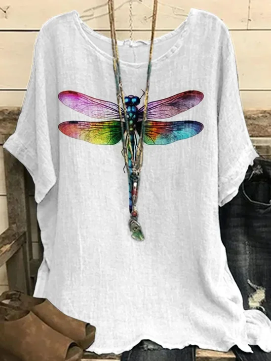 T-shirts Rétro Printemps / Automne Libellule Manche Dolman Micro-élasticité Domestique Manches trois quarts Régulier Droit pour Femmes
