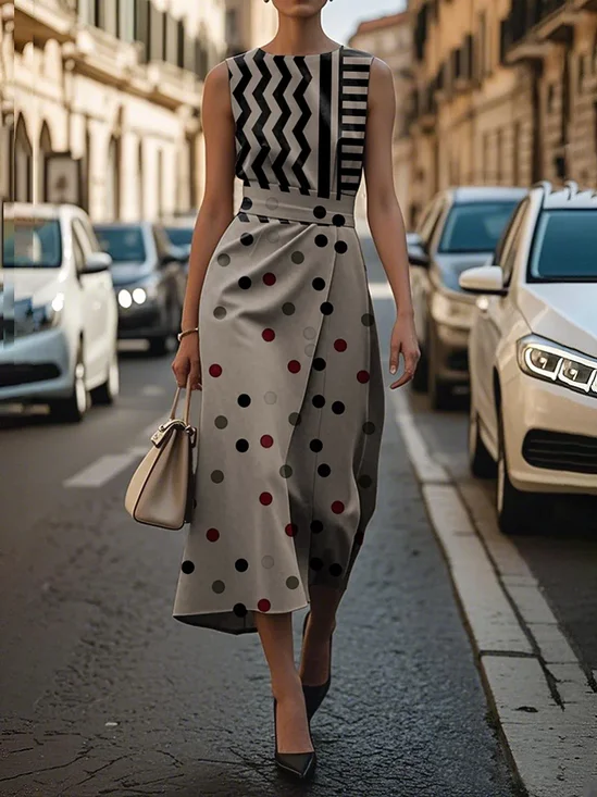 Femmes Géométrique Brun Col Rond Confortable Imprimé Robe Maxi Rétro