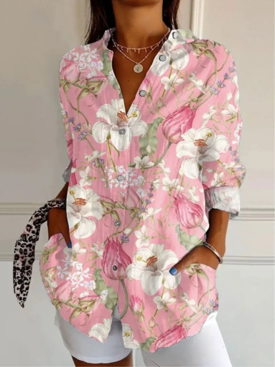 Chemises Décontracté Floral Printemps / Automne Polyester Micro-élasticité Sportif & De Plein Air Coupe Régulière Trapèze Col de Chemise pour Femmes
