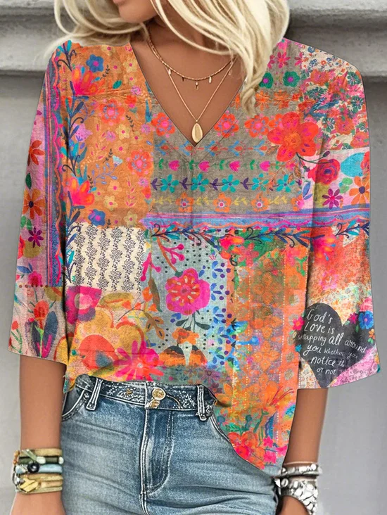Blouses Femmes Décontracté Printemps / Automne Multicolore Bloc Polyester Aucune élasticité Manches trois quarts Régulier Droit Régulier