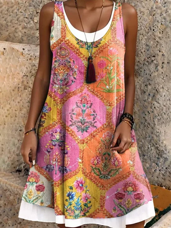 Femmes Ethnique Comme Image Col Rond Confortable Robe Mi-Longue Décontracté