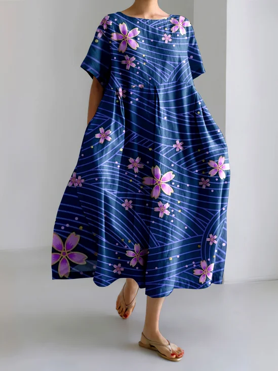 Femmes Floral Bleu Col Rond Confortable Robe Maxi Décontracté