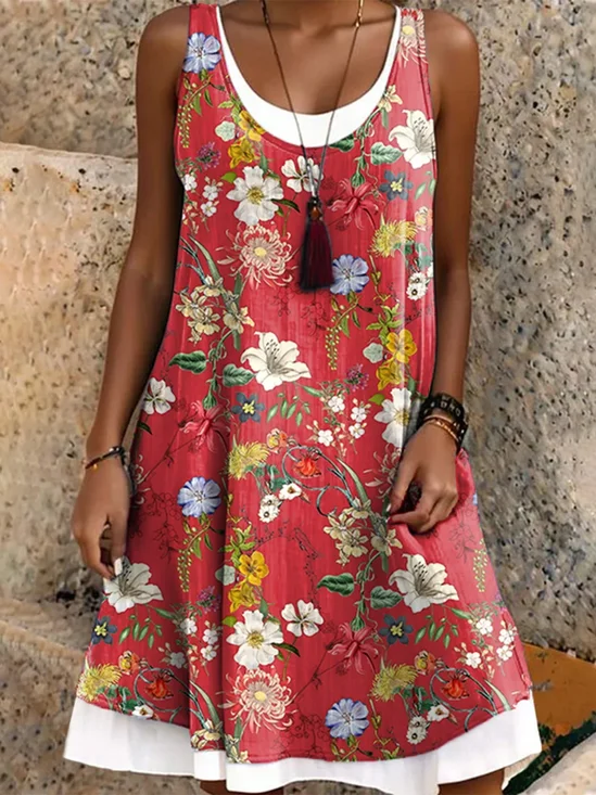 Femmes Floral Rouge Col Rond Confortable Robe Mi-Longue Décontracté