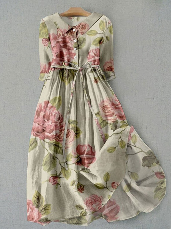 Femmes Floral Comme Image Col de Chemise Confortable Robe Maxi Rétro