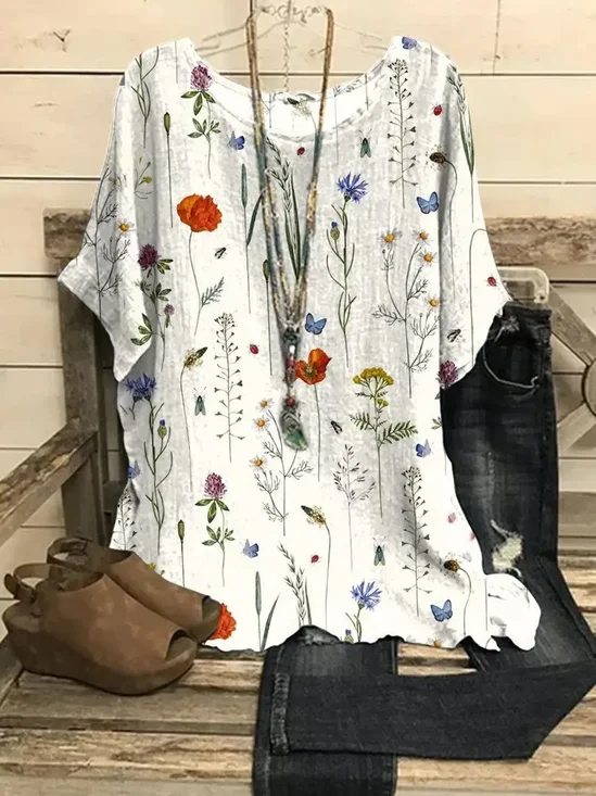 T-shirts Femmes Simple Floral Printemps / Automne Manche Dolman Micro-élasticité Quotidien Ample Régulier Régulier