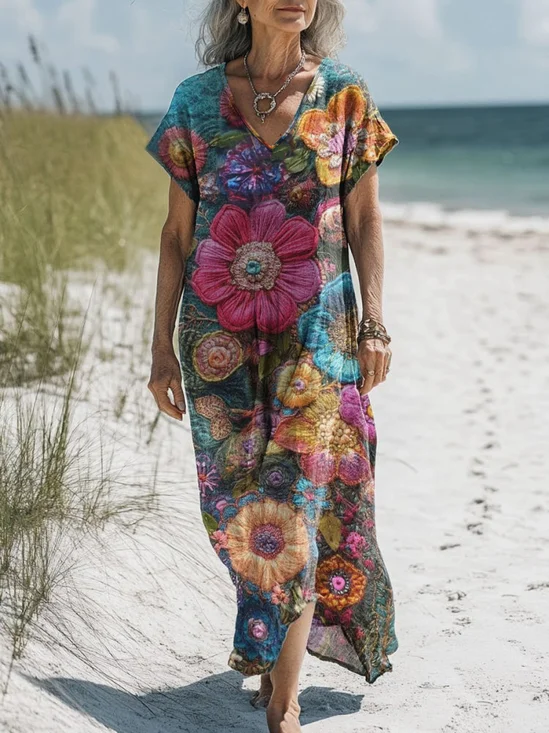 Femmes Floral Bleu Col V Confortable Robe Maxi Décontracté