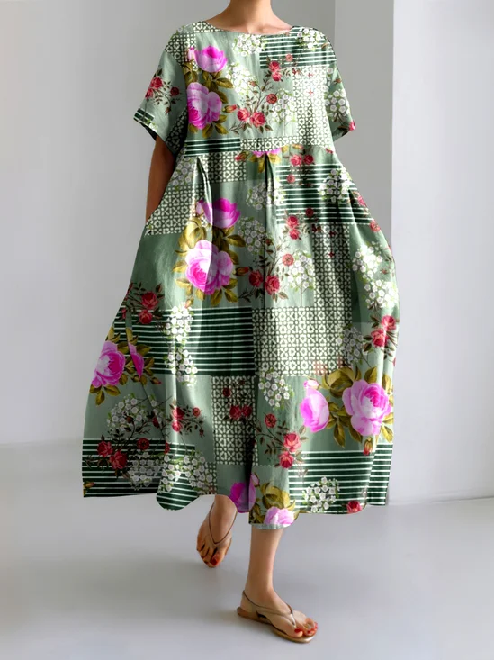 Femmes Floral Vert Col Rond Confortable Robe Maxi Décontracté