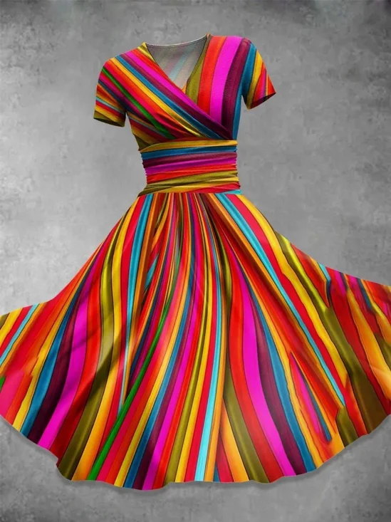 Femmes Rayé Comme Image Col V Confortable Robe Maxi Rétro