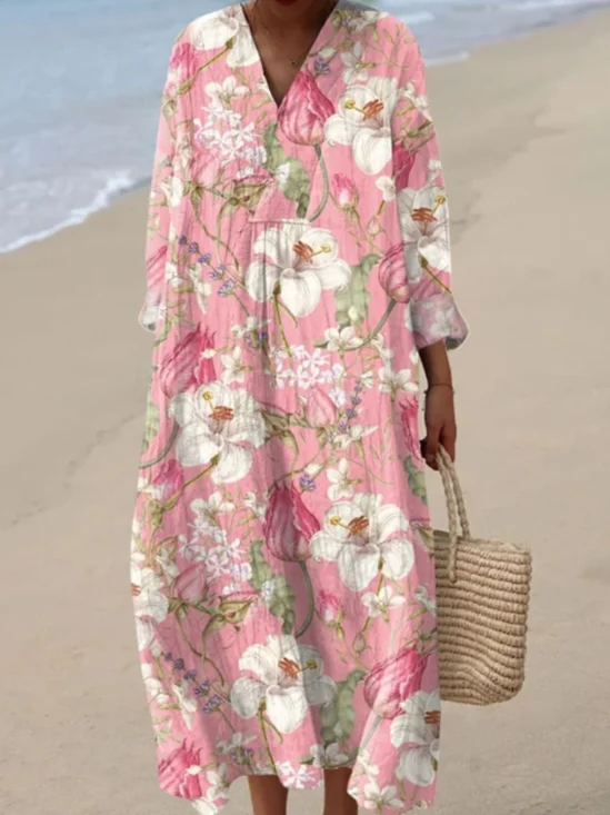 Femmes Floral Rose Col Rond Confortable Robe Maxi Décontracté