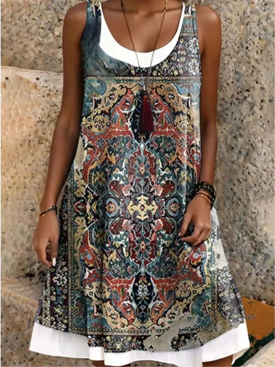 Femmes Ethnique Comme Image Col Rond Confortable Robe Mi-Longue Décontracté