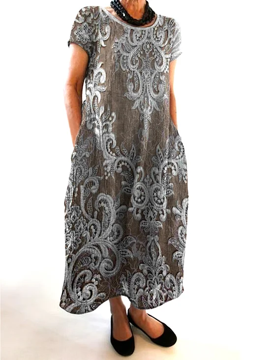 Femmes Floral Brun Col Rond Confortable Robe Maxi Décontracté