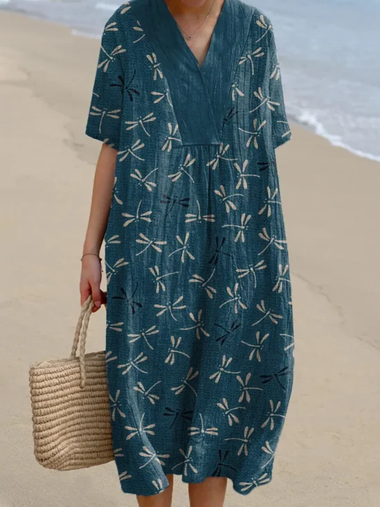 Femmes Libellule Comme Image Col Rond Confortable Robe Maxi Décontracté