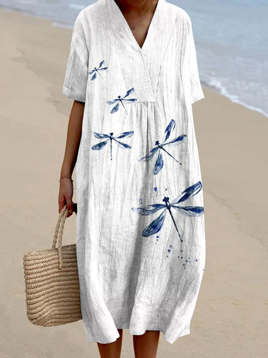 Femmes Libellule Comme Image Col Rond Confortable Robe Maxi Décontracté