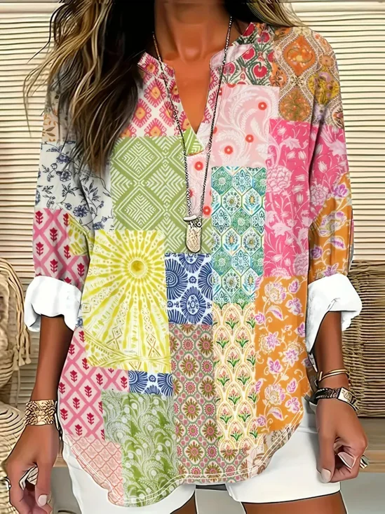 Blouses Femmes Simple Floral Été Aucune élasticité Ample Col Châle Régulier Droit Régulier