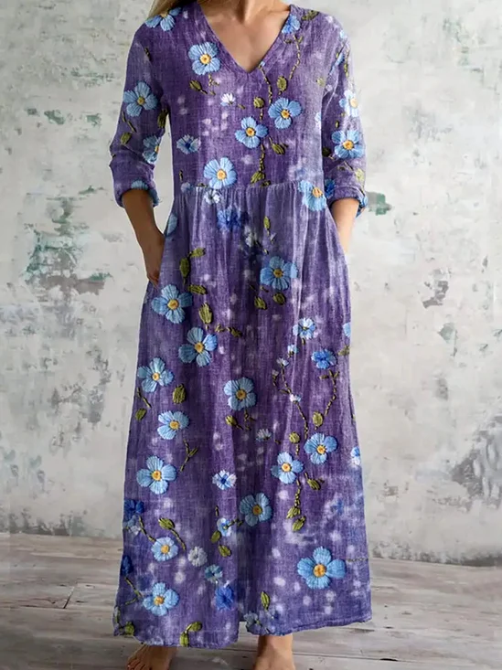 Femmes Floral Violet Col Rond Confortable Robe Maxi Décontracté