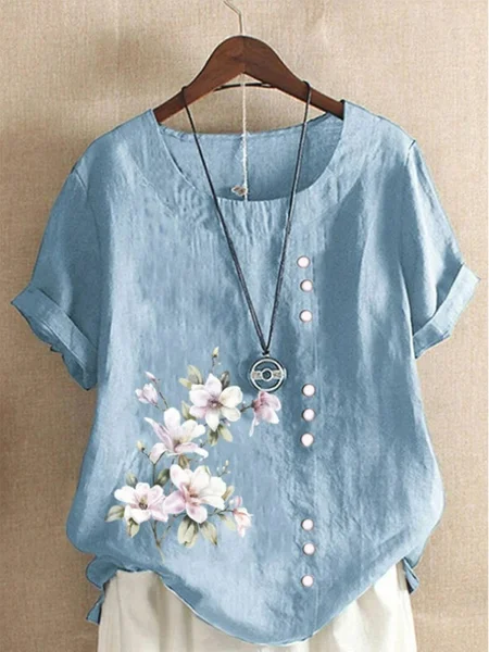 Blouses Femmes Décontracté Floral Été Polyester Domestique Coupe Régulière Col Rond Régulier Droit