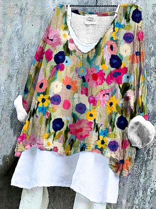 T-shirts Femmes Décontracté Floral Printemps / Automne Micro-élasticité Quotidien Ample Manches Longues Régulier Régulier