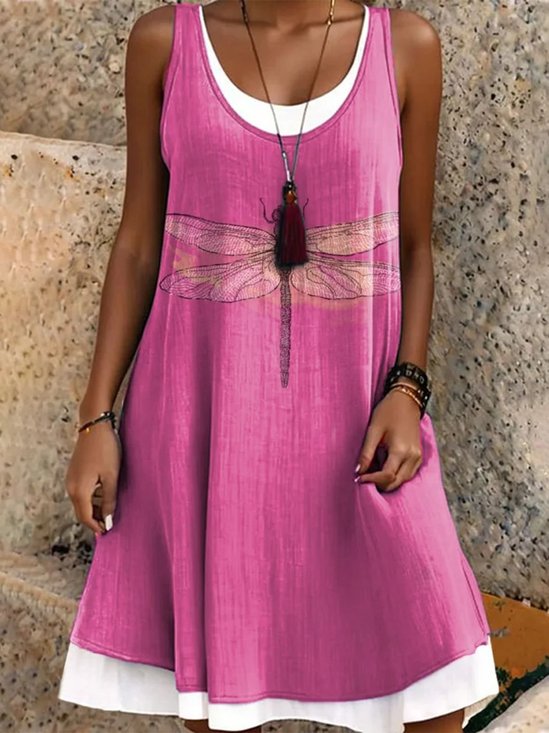 Femmes Libellule Violet Col Rond Confortable Robe Mi-Longue Décontracté