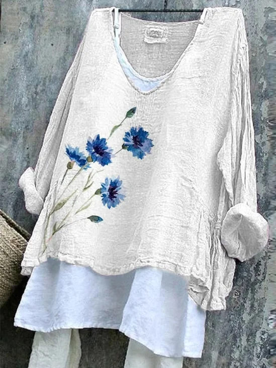 T-shirts en Lin Floral Printemps / Automne Col V Quotidien Manches Longues Régulier Trapèze Régulier pour Femmes