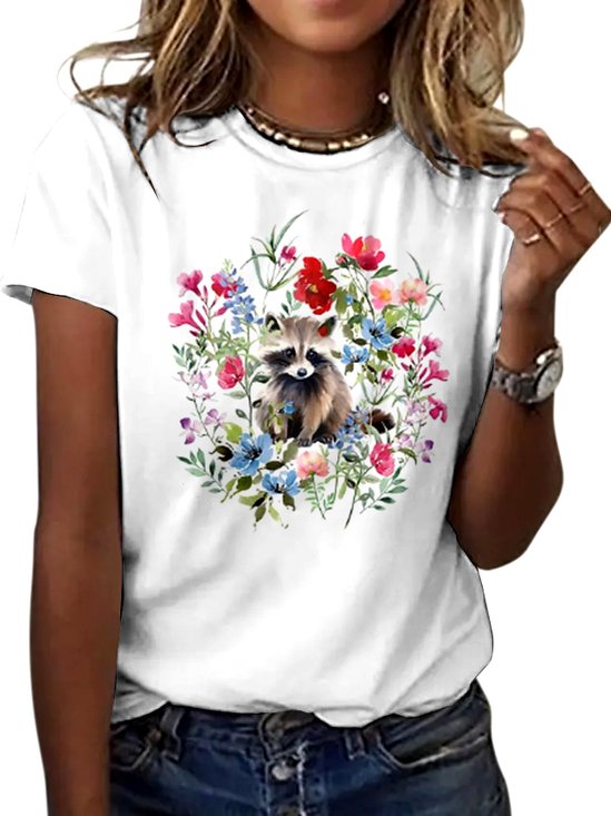 T-shirts Décontracté Floral Été Coton Coupe Régulière Col Rond Régulier Trapèze Régulier pour Femmes