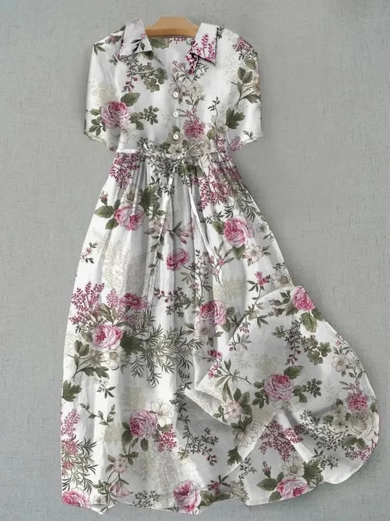 Femmes Floral Comme Image Col de Chemise Confortable Robe Maxi Rétro