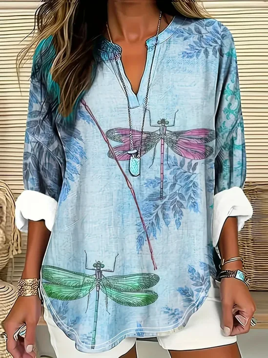 Blouses Élégant Été Libellule Coton Aucune élasticité Quotidien Demi Manche Régulier Droit pour Femmes