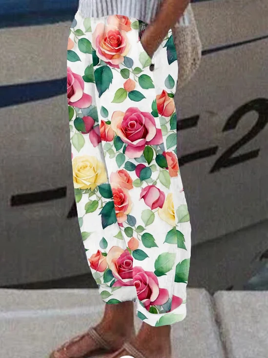Pantalons Femmes Décontracté Floral Printemps / Automne Coton Micro-élasticité Coupe Régulière Pantalon droit Long Trapèze