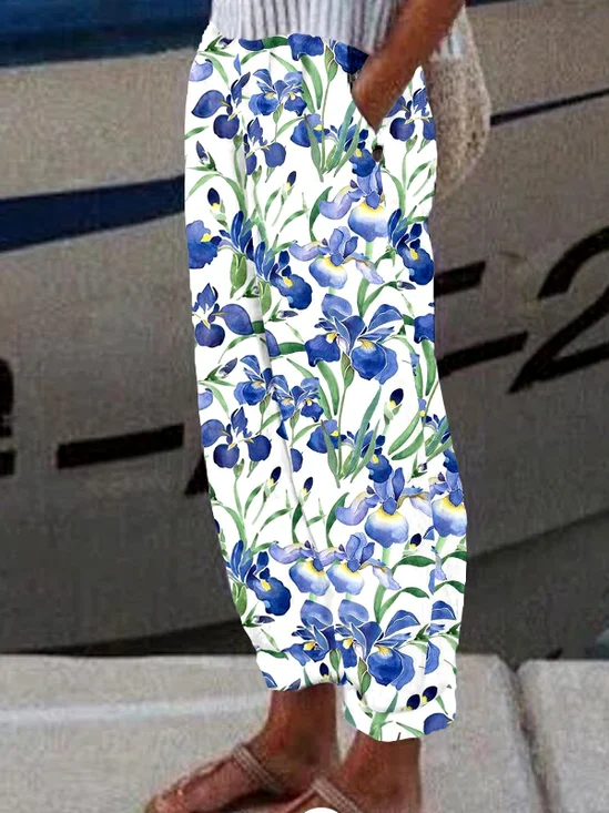 Pantalons Décontracté Floral Printemps / Automne en Lin Naturel Micro-élasticité Coupe Régulière Long Trapèze pour Femmes