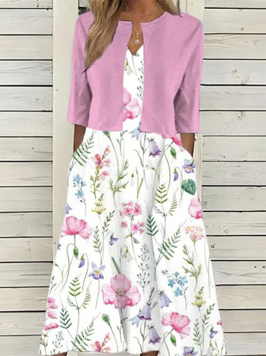 Deux Pièces Ensembles Urbain Floral Été Polyester Micro-élasticité Quotidien Coupe Régulière Robe Trapèze avec Manteau pour Femmes