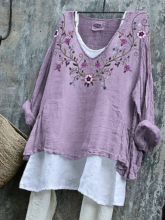 T-shirts en Lin Floral Printemps / Automne Polyester Col V Ample Régulier Trapèze Régulier pour Femmes