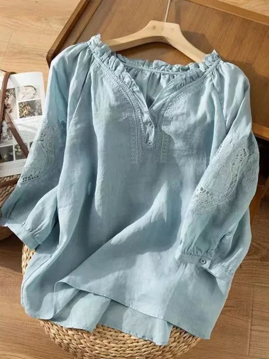 Blouses Femmes Simple Plain Printemps / Automne Quotidien Lotus Feuille Collier Manches Longues Régulier Droit Régulier