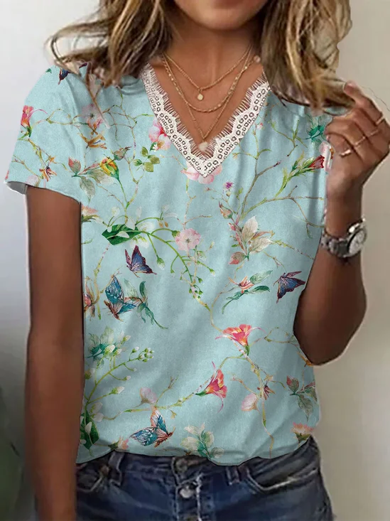 T-shirts Femmes Décontracté Floral Été Polyester Micro-élasticité Quotidien Manches Courtes Régulier Régulier