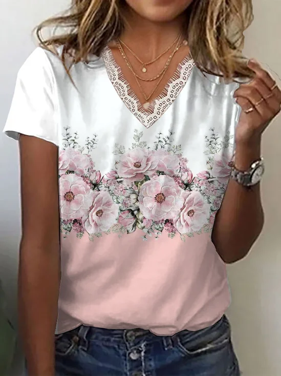 T-shirts Femmes Décontracté Floral Été Polyester Col V Micro-élasticité Manches Courtes Régulier Régulier