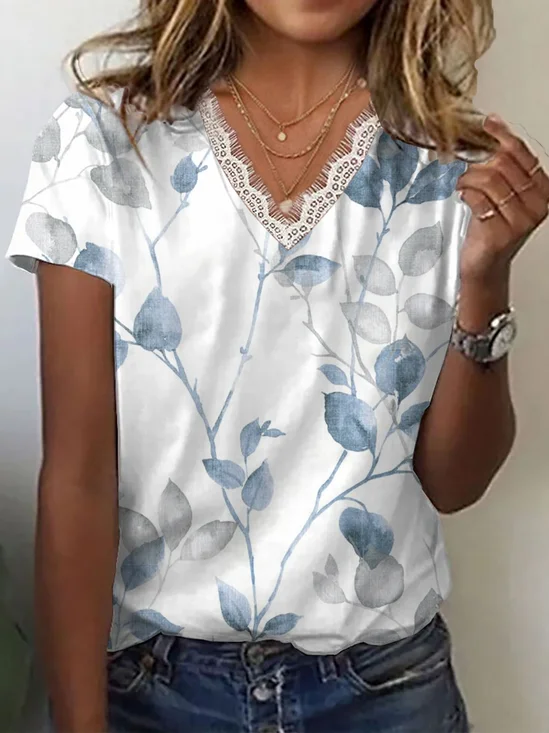 T-shirts Femmes Décontracté Floral Été avec Bordure en Dentelle Micro-élasticité Quotidien Manches Courtes Droit Régulier