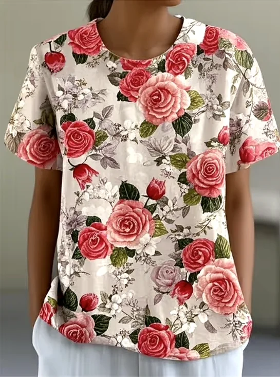 T-shirts Femmes Décontracté Floral Été Coton Quotidien Coupe Régulière Manches Courtes Col Rond Régulier