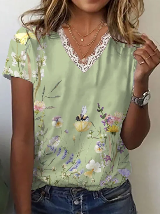 T-shirts Femmes Décontracté Floral Été Polyester Col V Imprimé Quotidien Manches Courtes Droit