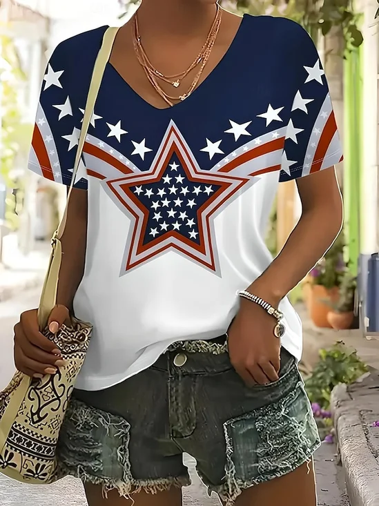 T-shirts Décontracté Été Le jour de l'indépendance (Drapeau) Coton Micro-élasticité Quotidien Coupe Régulière Manches Courtes Trapèze pour Femmes
