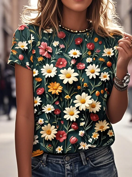 T-shirts Femmes Décontracté Floral Été Coton Quotidien Manches Courtes Col Rond Régulier Trapèze