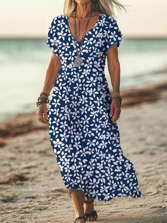 Femmes Floral Bleu Violacé Col V Confortable Imprimé Robe Maxi Décontracté