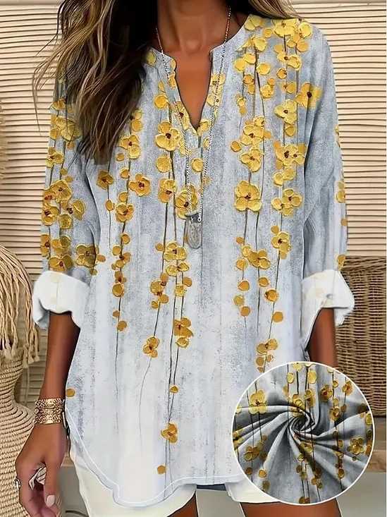 Blouses Simple Floral Été Polyester Aucune élasticité Ample Demi Manche Droit Régulier pour Femmes